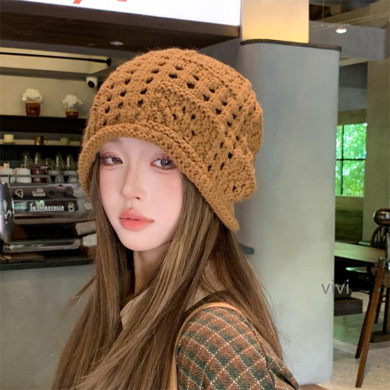 Women S Breathable Hollow Knitted Slouch Hat Solid Color Autumn Flattering Casual Fit