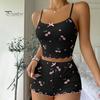 2 Teile/satz Damen Weste Shorts Anzug Schleife Kirsche Print U-Ausschnitt Ärmelloses Top Hohe Taille Kurze Hose Homewear Loungewear Outfit Sommer Nachtwäsche
