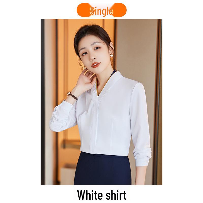 

Женская белая блузка большого размера с V-образным вырезом: Профессиональная рабочая одежда и униформа бортпроводника XXXXL белый