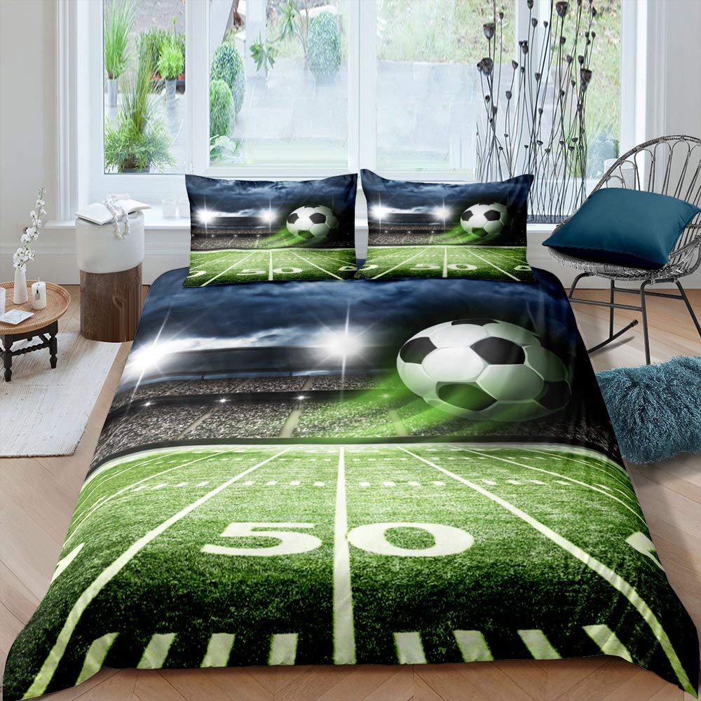 Green Football Field King Queen Duvet Cover Soccer Field Comforter Cover Boys Men Sport Games Bedding Set Polyester Quilt Cover