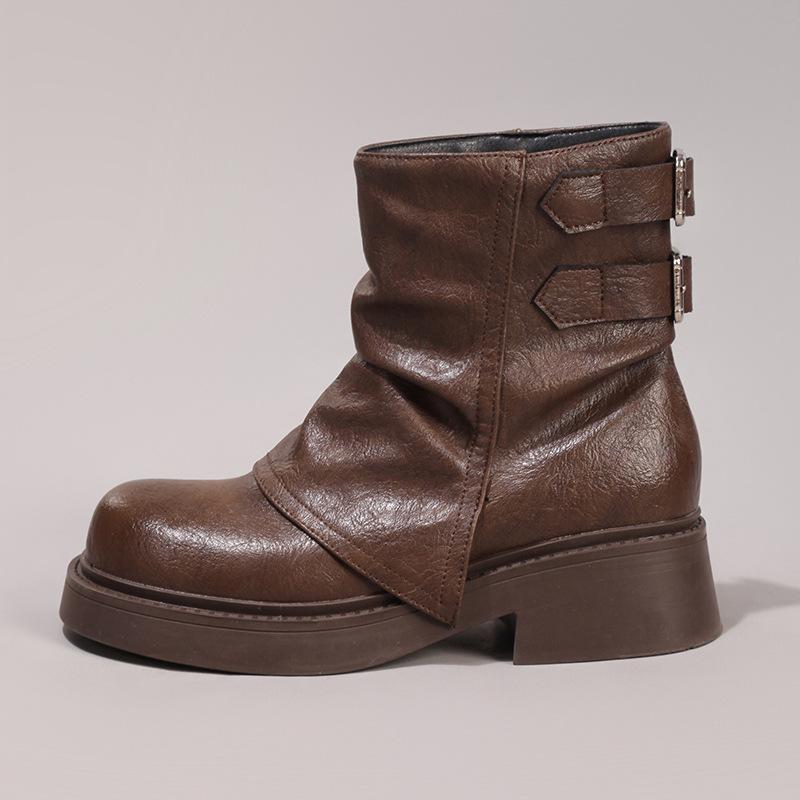 

Брюки, ботильоны на платформе 2025, новые, с круглым носком, толстым каблуком, толстой подошвой, ботинки Мартина, ретро, тонкие, плиссированные, женские ботинки на одной педали 41 темно-коричневого