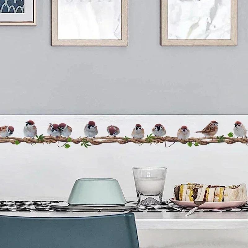 Rząd Ptaków Siedzących na Winorośli Salon Dekoracja Domu Kreskówkowa Winorośl Naklejka Ścienna z Ptakami Zdejmowana Naklejka Ścienna do Pokoju Dziecięcego