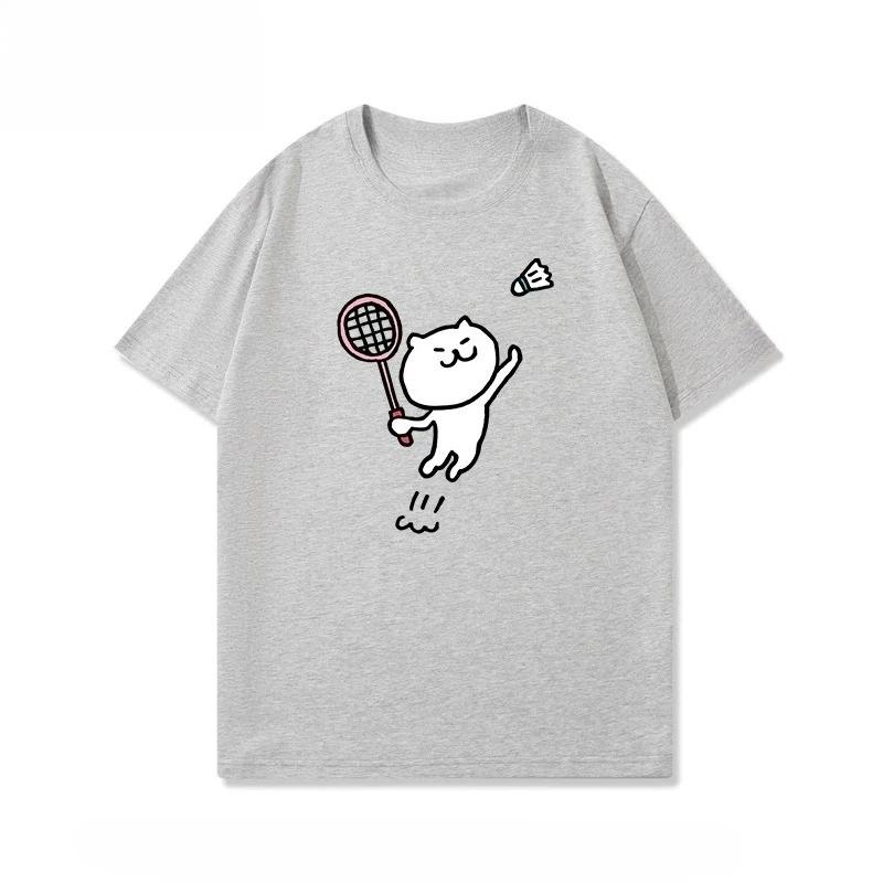 

Womens Short sleeved Top Summer Tshirt 2025 New Cat Badminton Fun Cartoon Printed Fashion Womens Tshirt 4XL