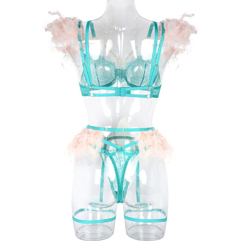 Metal Chain Lace Feather Lace Sexy Lingerie Women Thong Set of 3