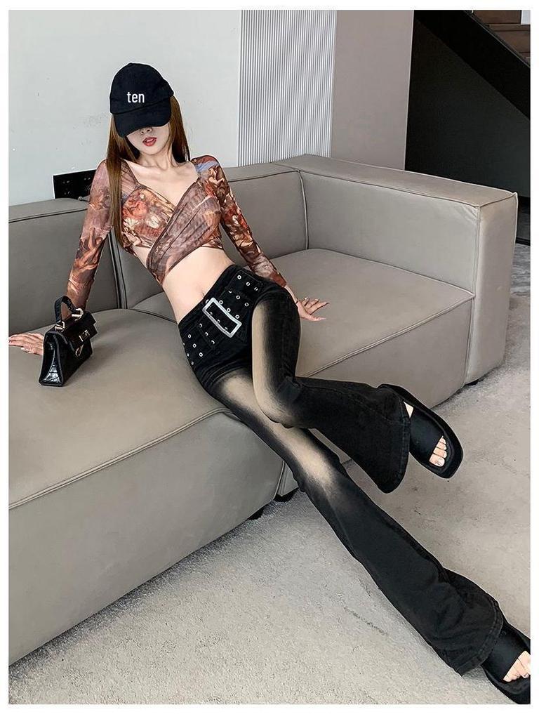 Retro Gradient Flare Jeans: Women's High Waist, Slimming Floor-Length American Style for Autumn