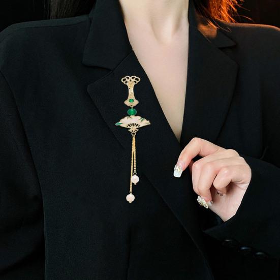 Fan Brooch Beads Tassel Rhinestone Inlays Dazzling Pin Sweater Dress Coat Suit Lapel Badge Outfit Accessories