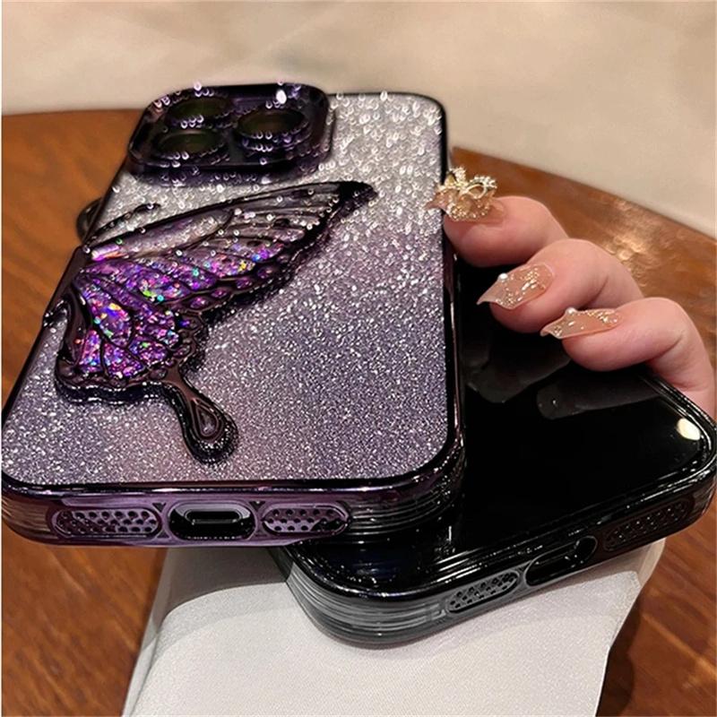 Bling Glitter Cute 3D Butterfly Flowing Quicksand Case For iPhone 16 15 11 12 13 14 Pro Max Gradient Color Soft Plating Cover