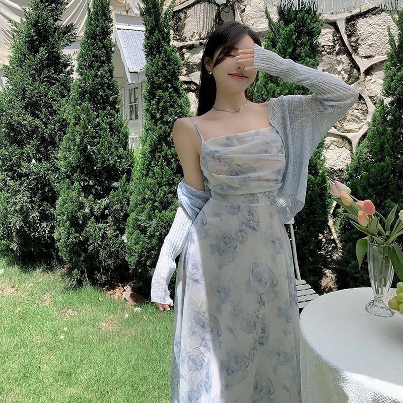 Women's Blue Floral Strappy Dress - French Tea Party, Waist-Cinched, Long Summer Beach Dress