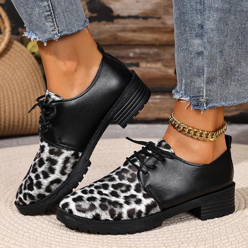 

Leopard Spliced Single Shoes Fashion Round Toe Lace-Up Soft Slip Non-Slip Leather Block Heel Low-Top Shoes 36