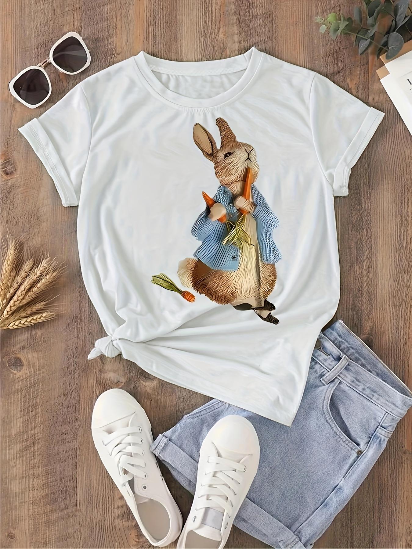 

Peter Rabbit WoUINISEXs Tee Bunny Carrot Graphic Casual White Top S