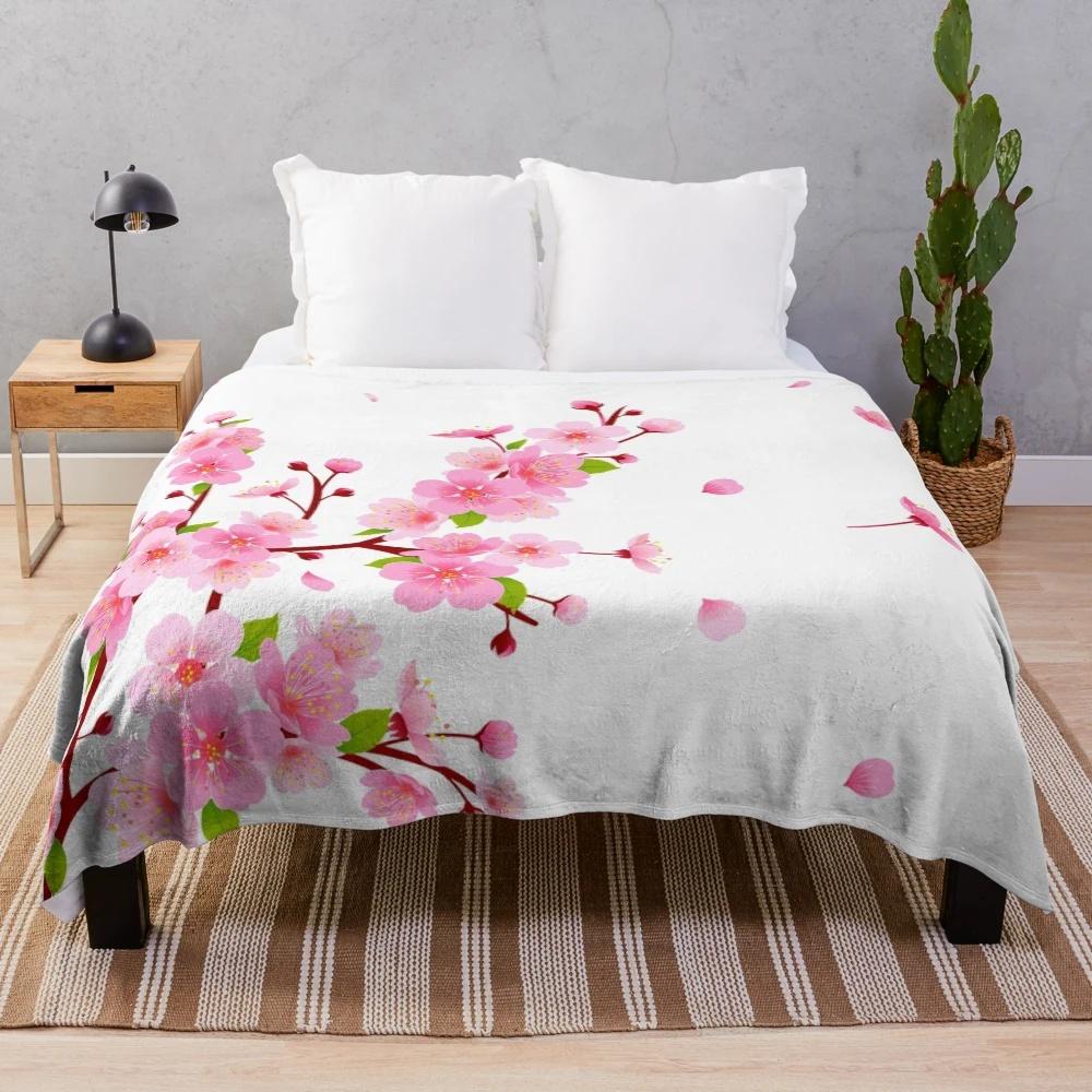 White Pink Cherry Blossom Flannel Throw Blanket Romantic Flowers King Queen Full Size For Living Room Sofa Couch Lightweight