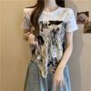 Irregular Fake Two-piece Printed Short-sleeved T-shirt for Women in Summer Plus Size Slimming Design Sexy Street Shirt Top