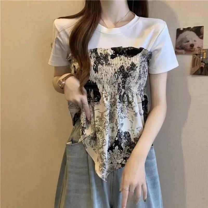 Irregular Fake Two-piece Printed Short-sleeved T-shirt for Women in Summer Plus Size Slimming Design Sexy Street Shirt Top