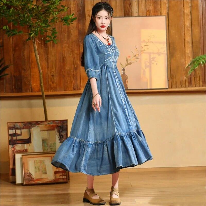 Johnature Woman Spring Cotton Vintage Lotus Leaf Pendulum Dress O-Neck Loose Half Sleeve Embroidery Niche Casual Dress