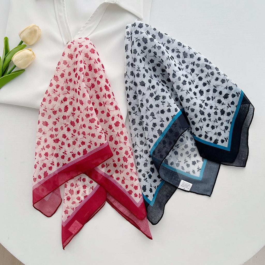New floral versatile retro cotton and linen small square scarf silk scarf accessories neck women's headband tied hair long scarf