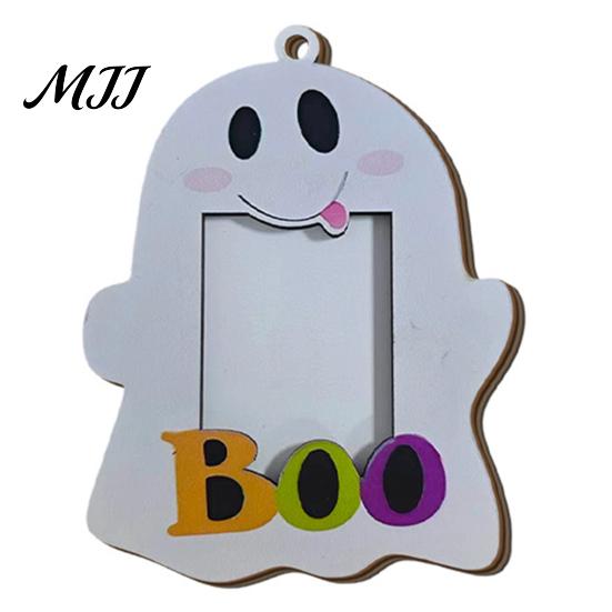 Halloween Keepsake Frame Cute Ghost Wooden Photo with Hanging Rope, Creative Rustic Wood Picture for Holiday Party Decor And Home Wall Decoration