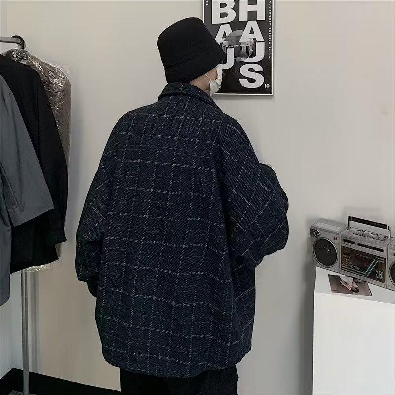 Men's Winter Retro Plaid Wool Jacket - Korean Style Trendy Loose Lapel Shirt Jacket