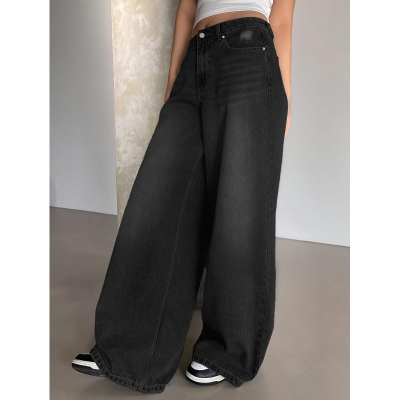 Womens Black Wide Leg Distressed Oversized Denim Jeans High Waist Long Trousers Streetwear Style