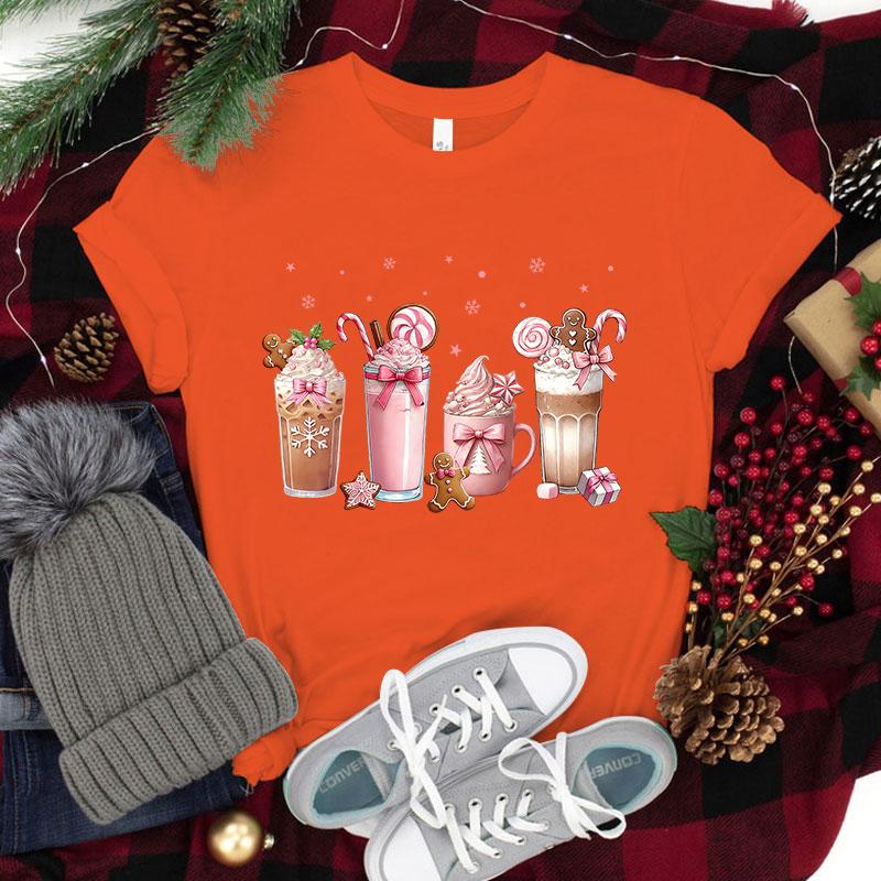 Funny Christmas Coffee Print Women Loose Short Sleeve Round Neck Top Female Casual