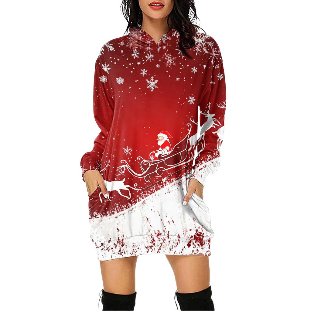 Rochie Pulover cu Glugă și Mâneci Lungi cu Buzunar și Imprimeu de Crăciun pentru Femei