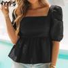 Moda feminina casual verão primavera cor sólida estampa manga curta gola quadrada blusas e camisas