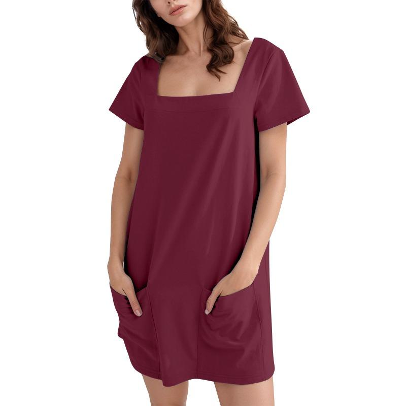 Women's Square-neck Short-sleeved Fashionable Short Skirt Pocket Casual Dress