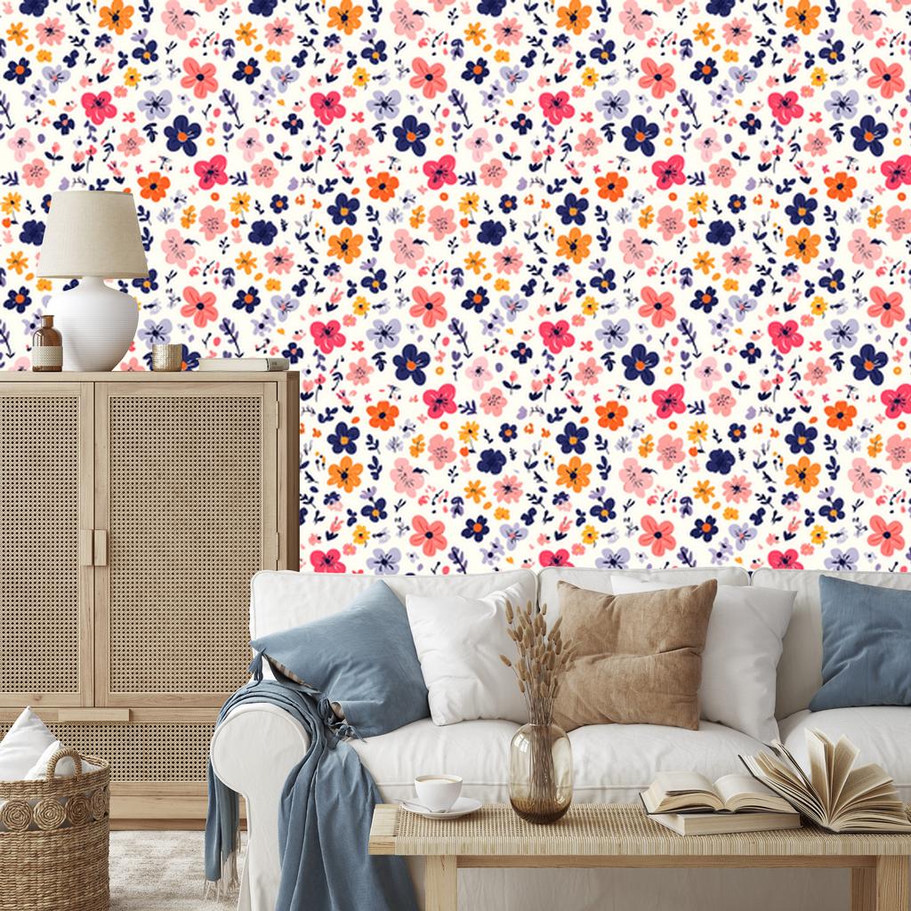 Cottagecore Flowers Wallpaper White, Light Gray and Coral 50x1000