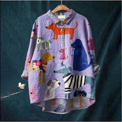 Camicie Stampate con Motivo Floreale Animalier Hawaii Poliestere Casual Manica Lunga Bluse e Camicie da Donna