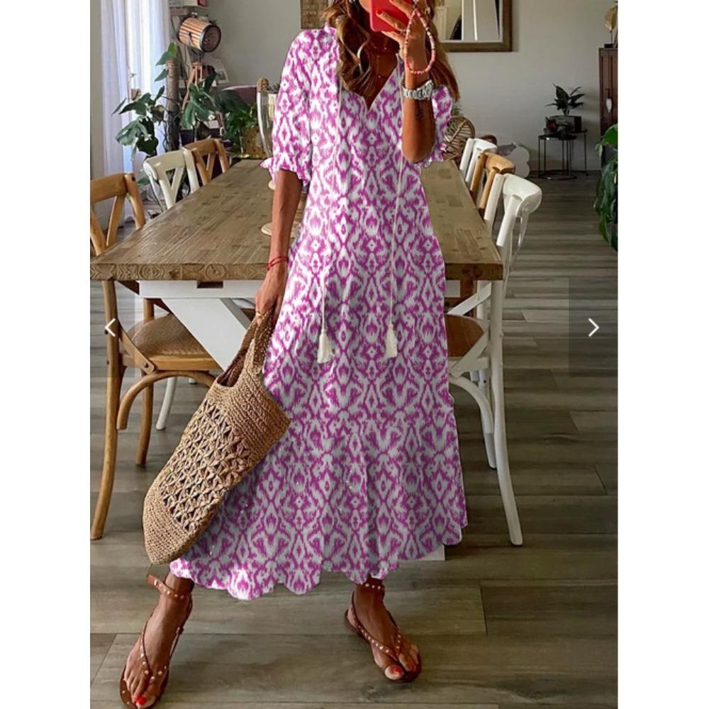 Women's V Neck Floral Print Short Sleeve Tassel Tie Loose Fit Maxi A-Line Dress