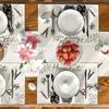 4-Pack Polyester Placemats, 12x18 Inch, Hand Wash, Woven Rectangular Table Mats with Black Grey White Rabbit Bunny Design, Happy