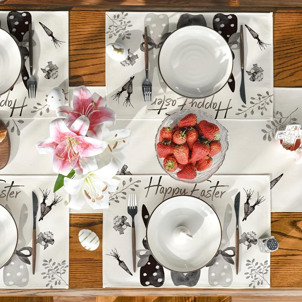 4-Pack Polyester Placemats, 12x18 Inch, Hand Wash, Woven Rectangular Table Mats with Black Grey White Rabbit Bunny Design, Happy