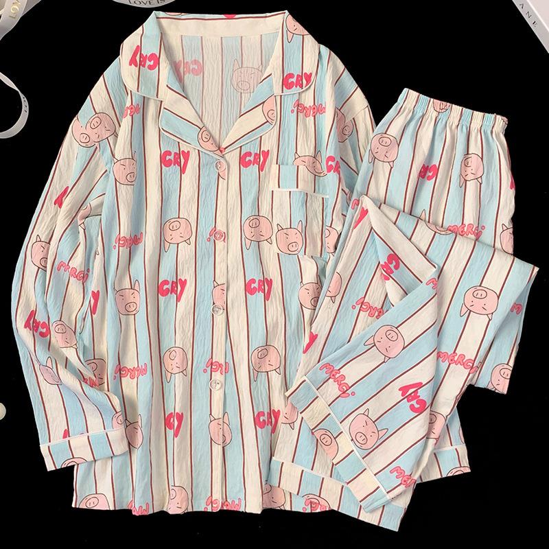 Polyamide Striped Pig Pajamas Women'S Spring And Autumn Cloud Cotton Long Sleeve Sweet Girl Loungewear