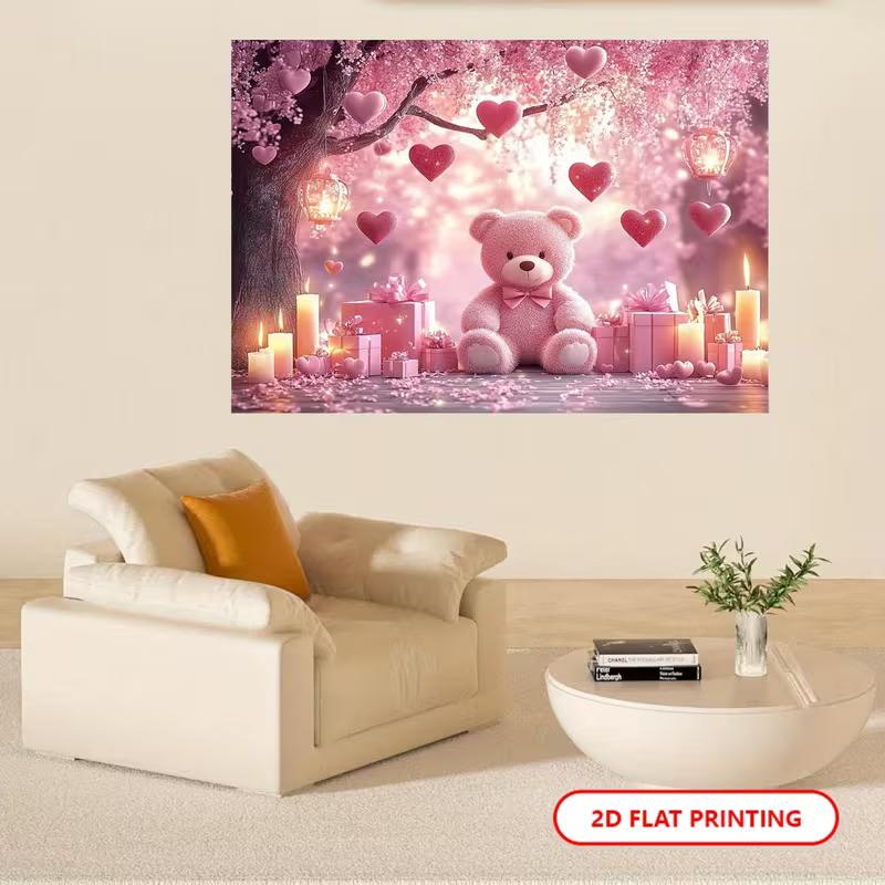 2D Girls Teddy Bear Backdrop, Pink Bear with Hearts & Candles Photography Background for Birthday