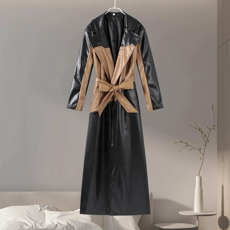 Contrast Leather Long Women Jacket Lace Up Lapel Long Sleeve Female Maxi Pu Jackets Autumn Winter Street Pocket Lady Coat