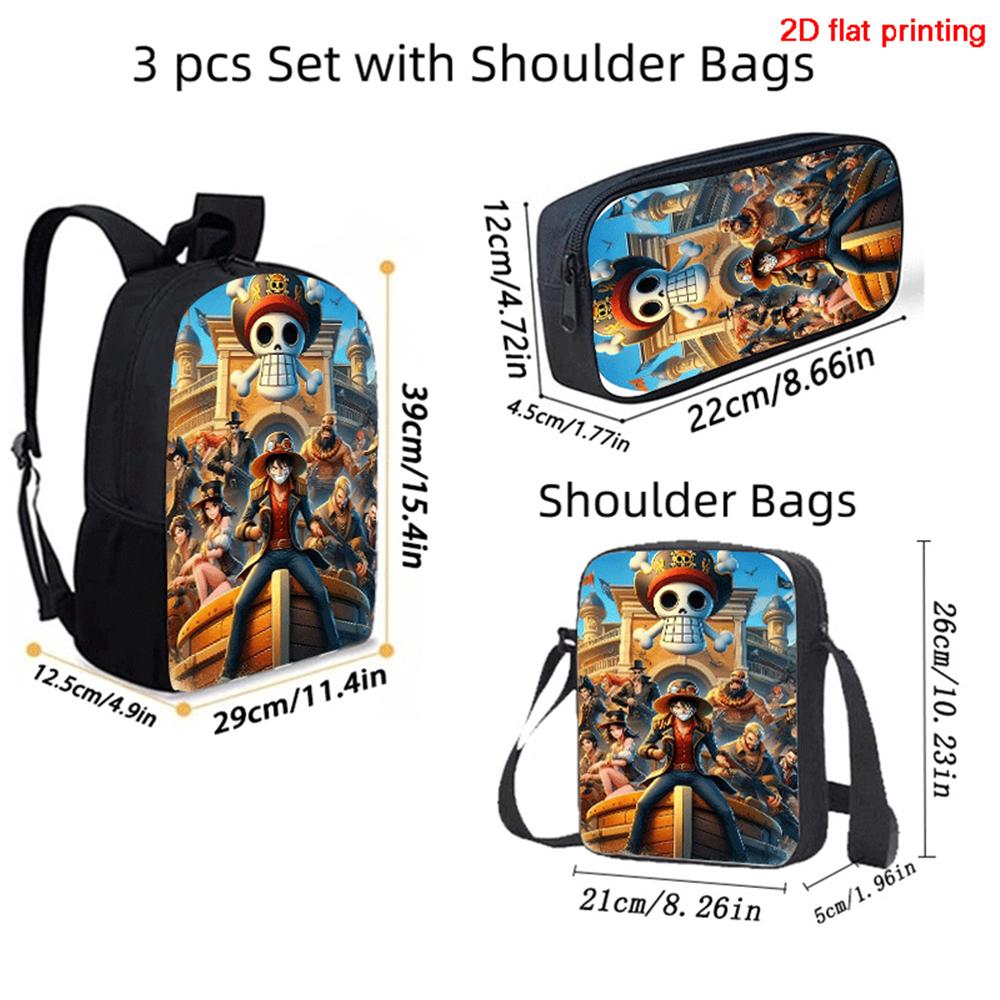 Cartoon One Piece 3pcs Lightweight Durable School Backpack with Crossbody Bag Pencil Case for Boys Girls Age 6-10 Primary School