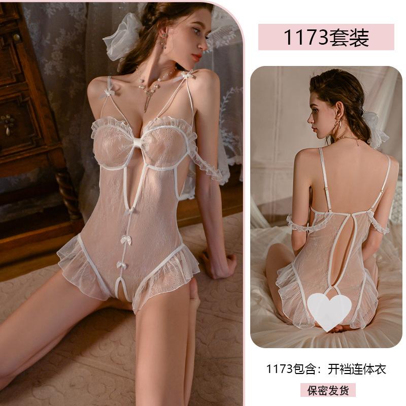 Original Erotic Underwear, Sexy halter Lace Seductive one-piece Dress, Women's See-through open-crotch Uniform pajamas 1173
