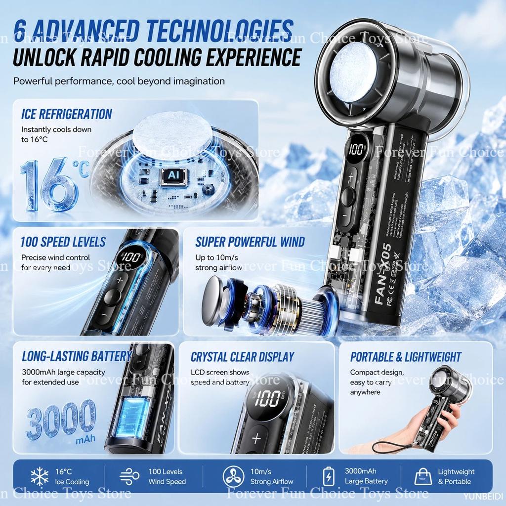 3 In-One Fan Air Conditioner 7-Type LED Light Portable Humidifier Air Conditioner Fan Outdoor Handheld Ice Pack Spray Fan