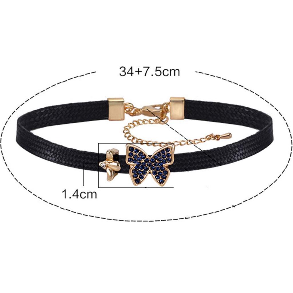 Rockyu Black Leather Collar Choker Necklace for Women, Featuring Zirconia, Gray Diamond, and Butterfly Motif. Adjustable Size. Nazar Boncuk Accessory.
