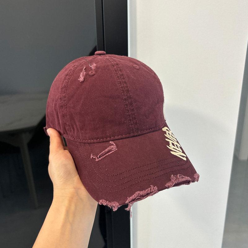 Letter embroidery washed denim baseball cap women's American retro ripped old cap soft top big head circumference hat