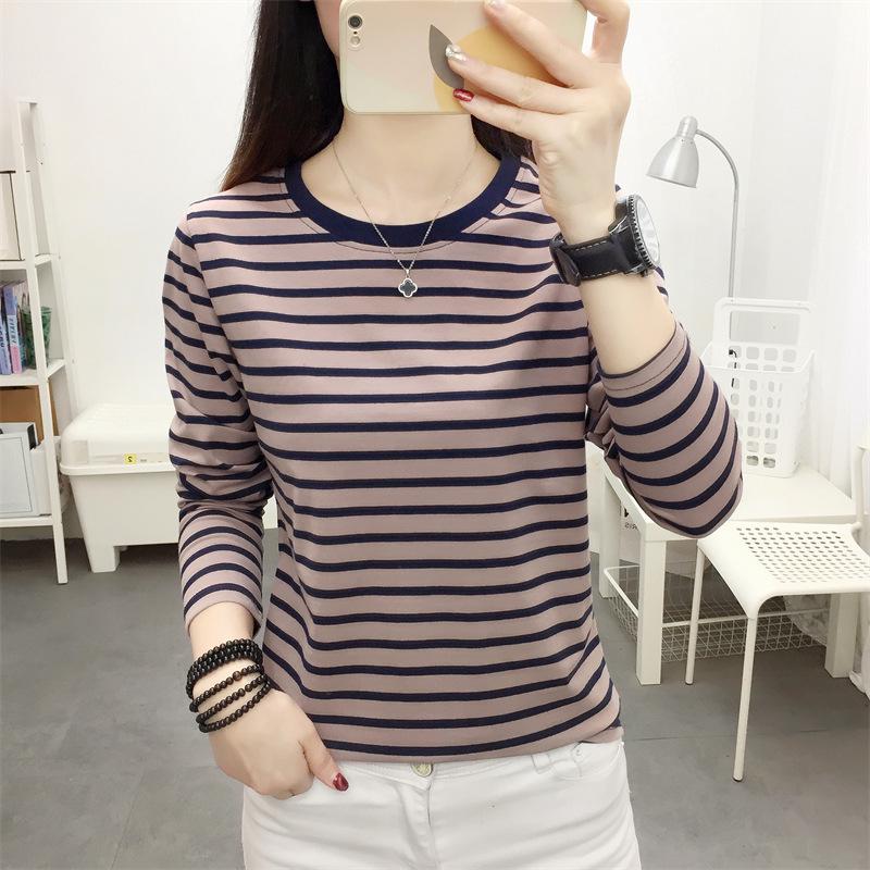 Women's Plus Size Striped Long Sleeve Cotton T-Shirt - Autumn Collection for Middle-Aged Moms