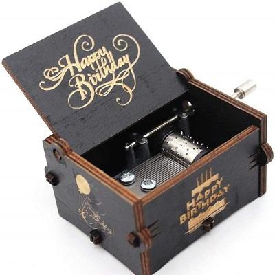 Wooden Uniq Carved Hand Crank Happy-Birthday-Black Theme Music Box