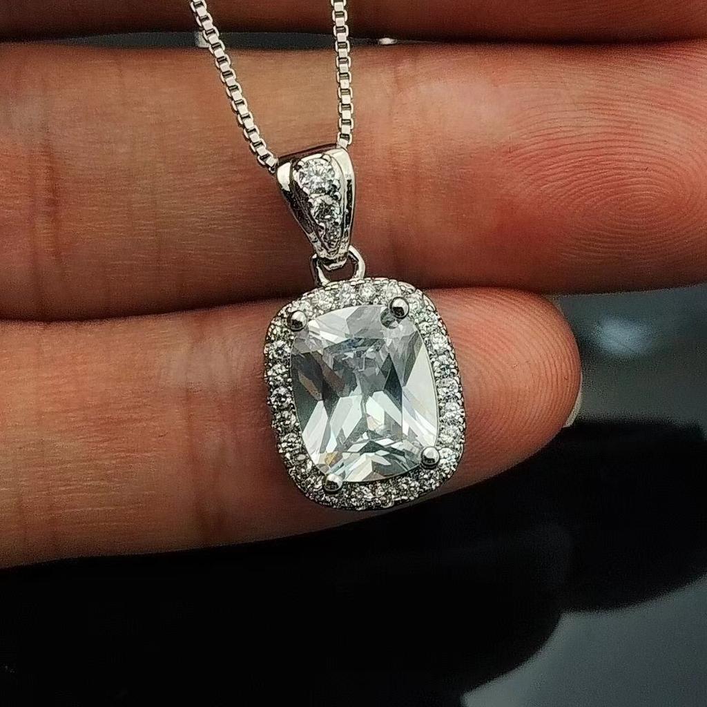 Personality Fashion Imitation Colored Gemstone Zircon Necklace Women's High-end Temperament Light Luxury Rectangular Pendant Jewelry