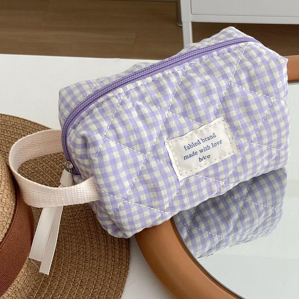 

Plaid Cosmetic Bag Fashion Sweet Women Cotton Checkered Makeup Bag Soft Fabric Organizer Pouch Travel Toiletry Bag Practical Bag