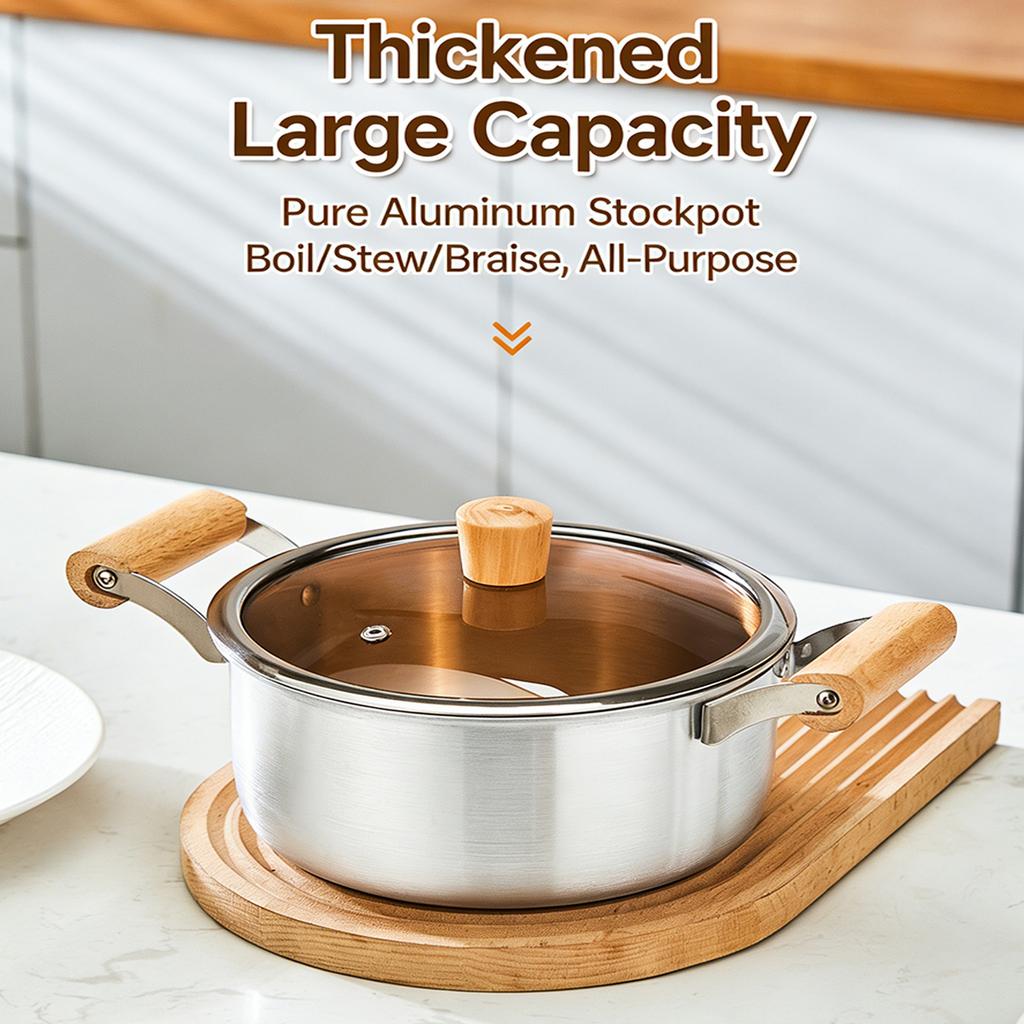 Family Cooking Pot Aluminum Soup Stock Pot with Glass Lid and Double Wooden Handle Ensuring Safety and Efficiency