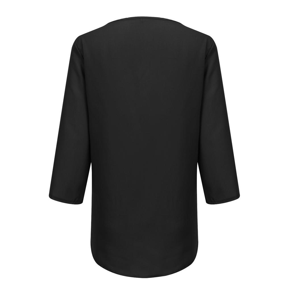 Women's Fashion Loose Color Mid-sleeve -stitched Irregular Hem Button-embellished O-neck Chiffon Top