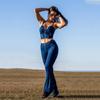 Shascullfites Terno feminino azul escuro bodysuit zíper push up top cintura média jeans flare feminino 2 peças conjuntos de calças