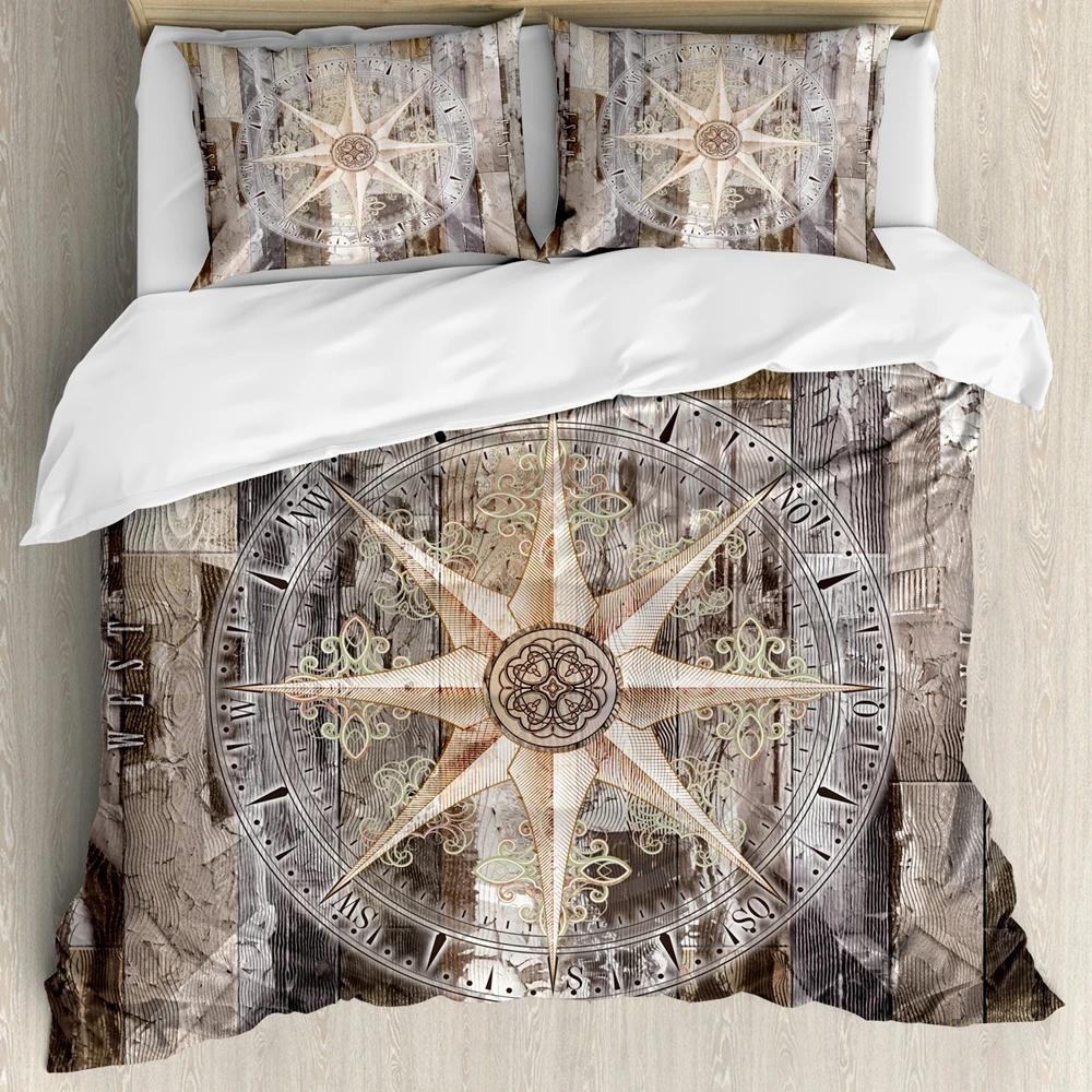 Compass Duvet Cover SetHand Drawn Windrose Floral Arrangement Design Compass Boating Theme PrintBedding Set DecorFull Size