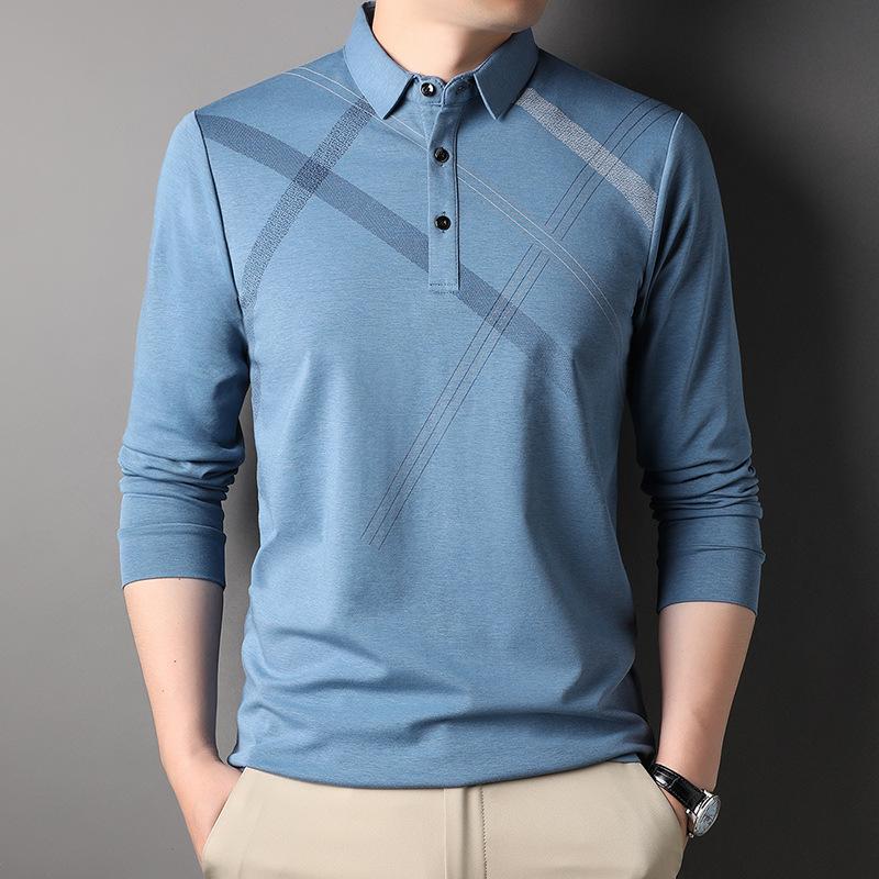 Spring New Long-sleeved T-shirt for Men with Mulberry Silk Stripes Casual Lapel Polo Shirt
