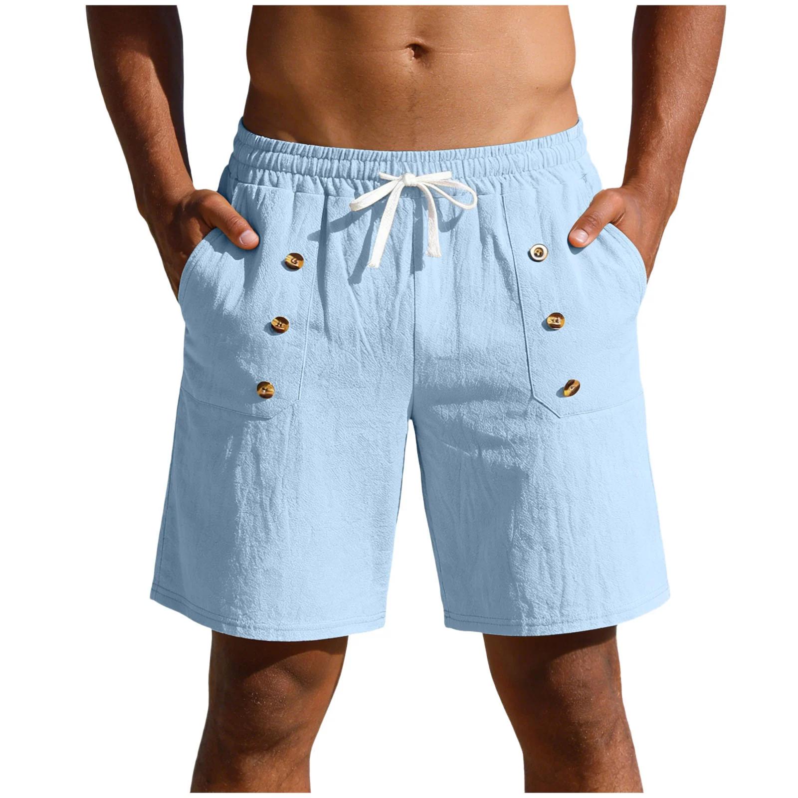Men s Cotton Linen Shorts Drawstring Waist Button Decor Casual Breathable Lightweight Summer Beach Straight Leg Pants for Men XXXL