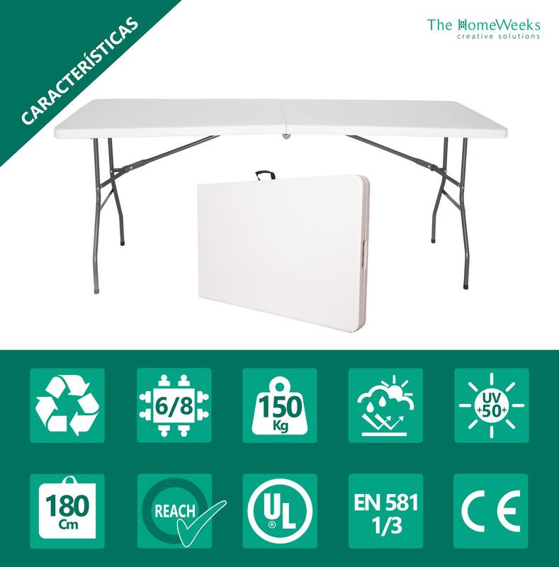 Pack 2 Mesas Plegables Normativa Uso Público Solid 180 x 70 x 74cm Portátiles. Tablero HDPE 3,5cm 6/8 Adultos. Multiusos Jardín/Catering The Homeweeks